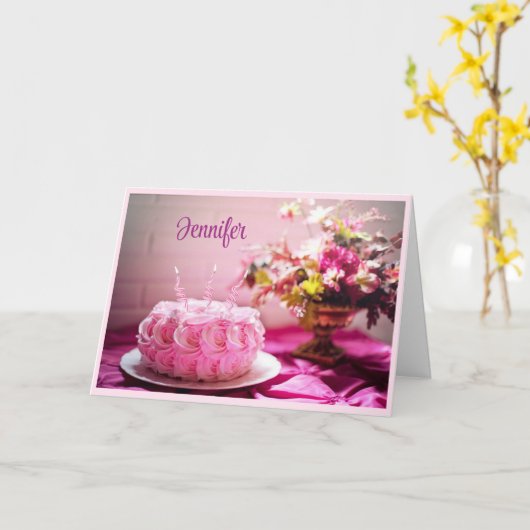 ハッピーバースデーピンクケーキパーソナライズグリーティングカード カード (黄色い花)