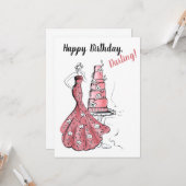 ハッピーバースデーピンクケーキファッションイラストレーション カード (正面/裏面インサイチュ)