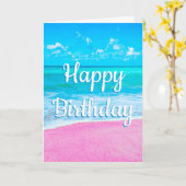 ハッピーバースデーピンクサンドトロピカルビーチ カード (黄色い花)