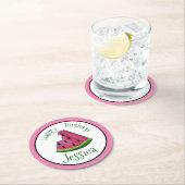 ハッピーバースデーピンクスイカスライスフルーツピクニック ラウンドペーパーコースター (インサイチュ)