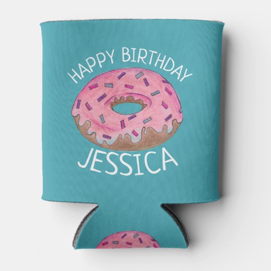 ハッピーバースデーピンクティール（緑がかった色）フロストドーナツ 缶クーラー (正面)