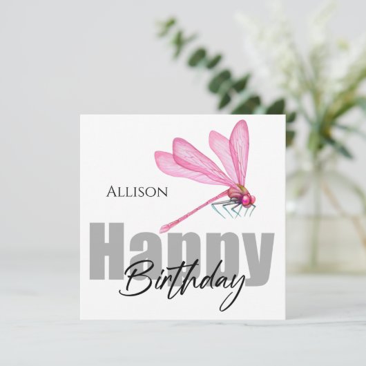 ハッピーバースデーピンクトンボパーソナライズされたイ名 カード (スタンド正面)