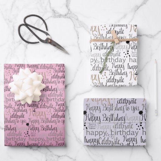 ハッピーバースデーピンクパープグラデーションル ラッピングペーパーシート (正面)
