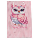 ハッピーバースデーピンクフクロウオンピンク ミディアムペーパーバッグ (正面)