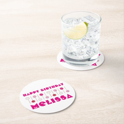 ハッピーバースデーピンクフロストケーキポップパーティーの好意 ラウンドペーパーコースター (インサイチュ)