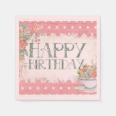 ハッピーバースデーピンクフローラ紙カクテルナプキン スタンダードカクテルナプキン (正面)