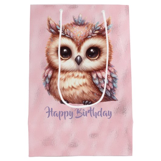 ハッピーバースデーピンクブラウンフクロウの光沢のあるピンク ミディアムペーパーバッグ (裏面)