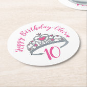 ハッピーバースデーピンクプリンセスパーティーティアラクラウン ラウンドペーパーコースター (アングル)