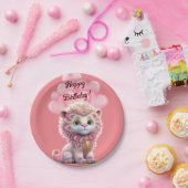 ハッピーバースデーピンクリオン ペーパープレート (パーティー)