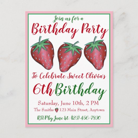 ハッピーバースデーピンクレッドスイートストロベリーベリー インビテーションポストカード (正面)