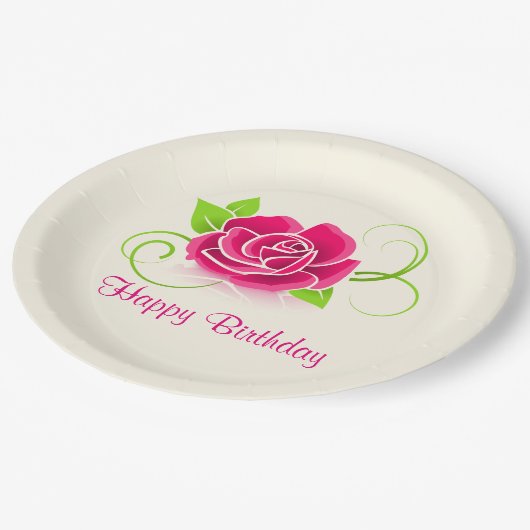 ハッピーバースデーピンクローズイラストレーション ペーパープレート (アングル)