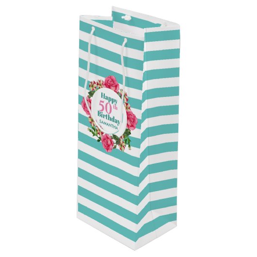 ハッピーバースデーピンクローズレッドホワイトペチュニアストライプズ ワインギフトバッグ (正面アングル)