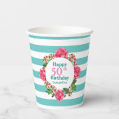 ハッピーバースデーピンクローズレッドホワイトペチュニアストライプズ 紙コップ (裏面)