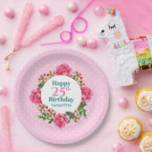 ハッピーバースデーピンクローズレッドホワイトペチュニアポルカ ペーパープレート (パーティー)