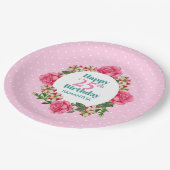 ハッピーバースデーピンクローズレッドホワイトペチュニアポルカ ペーパープレート (アングル)