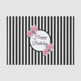 ハッピーバースデーピンクローズ白黒ストライプ 薄葉紙