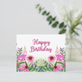 ハッピーバースデーピンク水彩ワイルドフラワー ポストカード (スタンド正面)