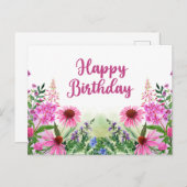 ハッピーバースデーピンク水彩ワイルドフラワー ポストカード (正面/裏面)
