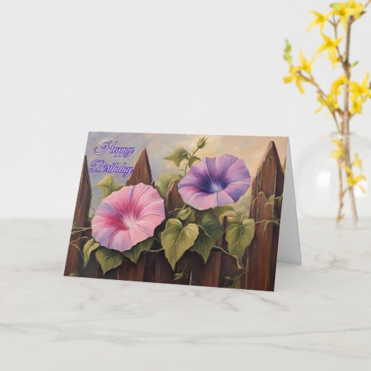 ハッピーバースデーピンク紫の朝顔の花 カード (黄色い花)