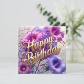 ハッピーバースデーピンク紫色の朝顔の花 カード (スタンド正面)