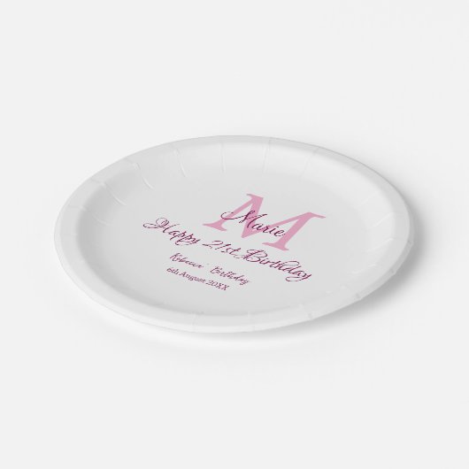 ハッピーバースデーピンク追加の名前モノグラムモダン ペーパープレート (アングル)