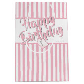 ハッピーバースデーピンク/白シンプル色のストライプパターン ミディアムペーパーバッグ (正面)