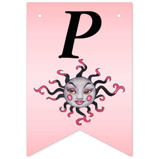 ハッピーバースデーファンタジーサンかわいらし顔ピンクブラック バンティングフラッグ (第3の旗)