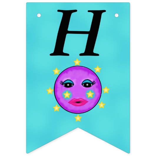 ハッピーバースデーファンタジーパープルムーンイエロースターズ バンティングフラッグ (第1の旗)