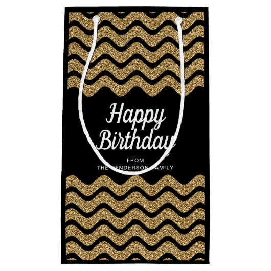 ハッピーバースデーフェイク金ゴールドグリッターブストライプラック スモールペーパーバッグ (正面)