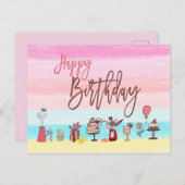 ハッピーバースデーフェミニンパかわいらしステルストライプ芸術品を気取った/ ポストカード (正面/裏面)