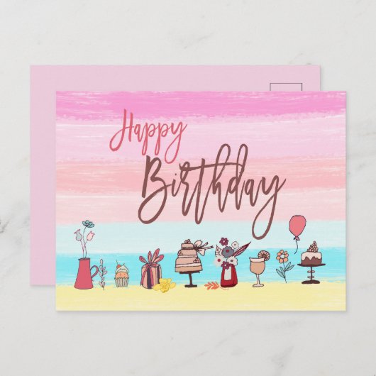 ハッピーバースデーフェミニンパかわいらしステルストライプ芸術品を気取った/ ポストカード (正面/裏面)