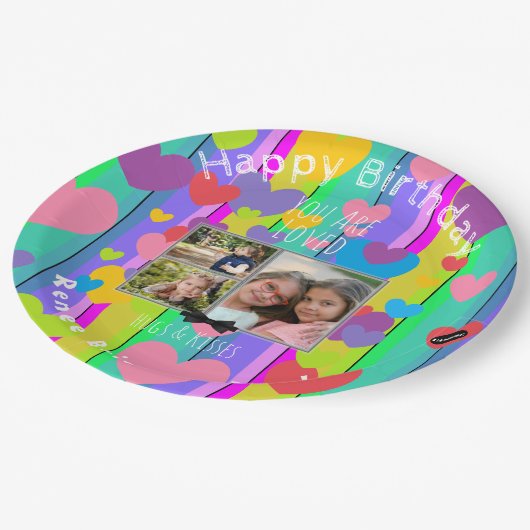 ハッピーバースデーフォトカラフルハートHAMbWG紙 ペーパープレート (アングル)