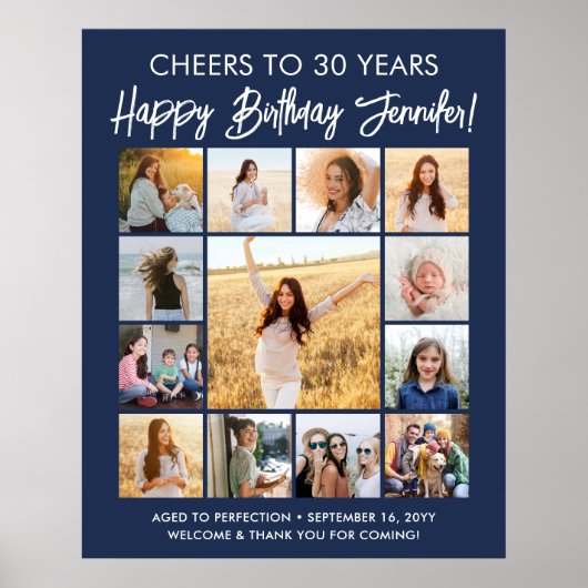 ハッピーバースデーフォトコラージネイビーブルーとホワイト ポスター (正面)