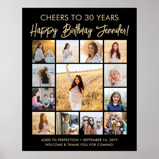 ハッピーバースデーフォトコラージュモダンブラックと金ゴールド ポスター (正面)