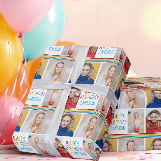 ハッピーバースデーフォトコラージュ美しい虹 ラッピングペーパー