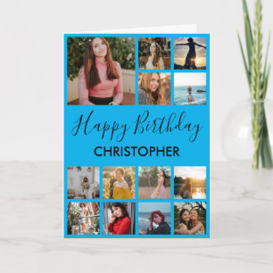 ハッピーバースデーフォトコラージュ13フォトブルー カード