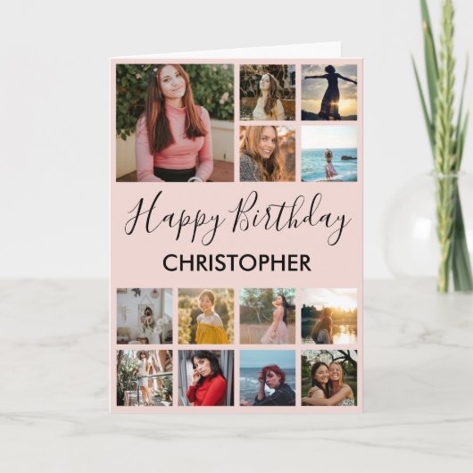 ハッピーバースデーフォトコラージュ13写真ピンクブラック カード (正面)