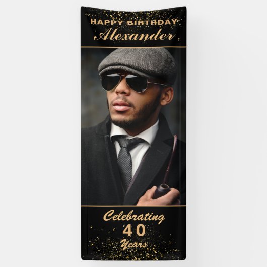 ハッピーバースデーフォトパーティーイベント金ゴールドブラックカスタム 横断幕 (縦)