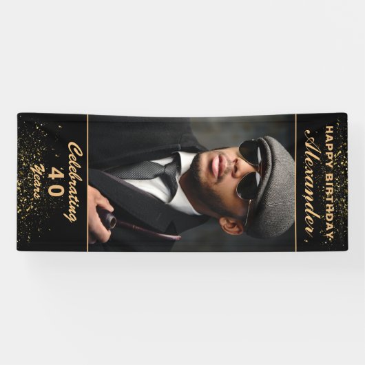 ハッピーバースデーフォトパーティーイベント金ゴールドブラックカスタム 横断幕 (横)