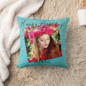 ハッピーバースデーフォト素朴ブルーウッド装飾用クッション クッション (ブランケット)