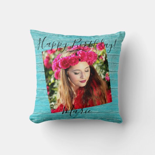 ハッピーバースデーフォト素朴ブルーウッド装飾用クッション クッション (正面)