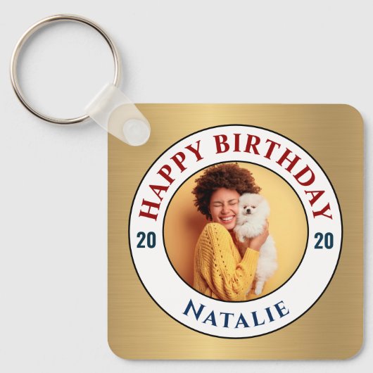 ハッピーバースデーフォト金ゴールドのパーソナエレガントライズ キーホルダー (正面)