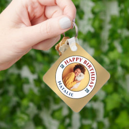 ハッピーバースデーフォト金ゴールドのパーソナエレガントライズ キーホルダー