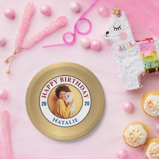 ハッピーバースデーフォト金ゴールドのパーソナエレガントライズ ペーパープレート (パーティー)