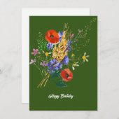 ハッピーバースデーフォレストグリーンフローラルブーケカード (正面/裏面)
