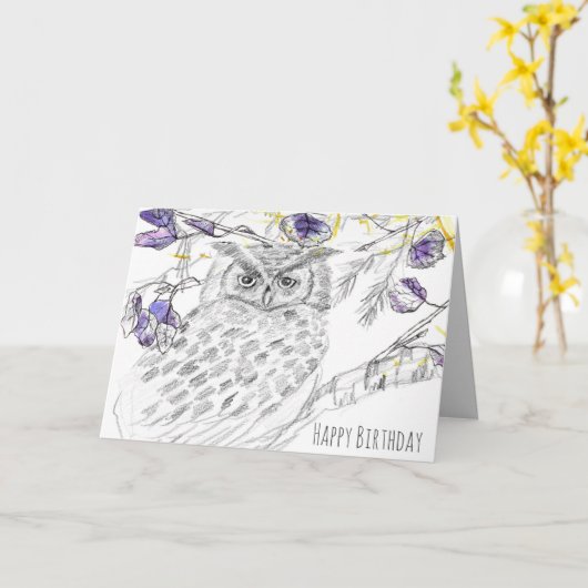 ハッピーバースデーフクロウ カード (黄色い花)