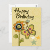 ハッピーバースデーフラワーバタフライビー自然 ポストカード (正面/裏面)