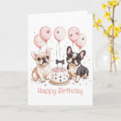 ハッピーバースデーフランスのブルドッグお誕生日ケーキピンク カード (黄色い花)