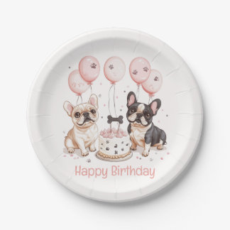 ハッピーバースデーフランスのブルドッグお誕生日ケーキピンク ペーパープレート