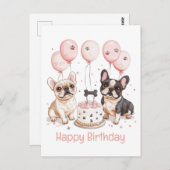 ハッピーバースデーフランスのブルドッグお誕生日ケーキピンク ポストカード (正面/裏面)